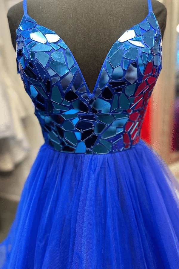 Spaghetti Straps Mirror-Cut Sequins A-Line V-Neck Tulle Prom Formal Dress