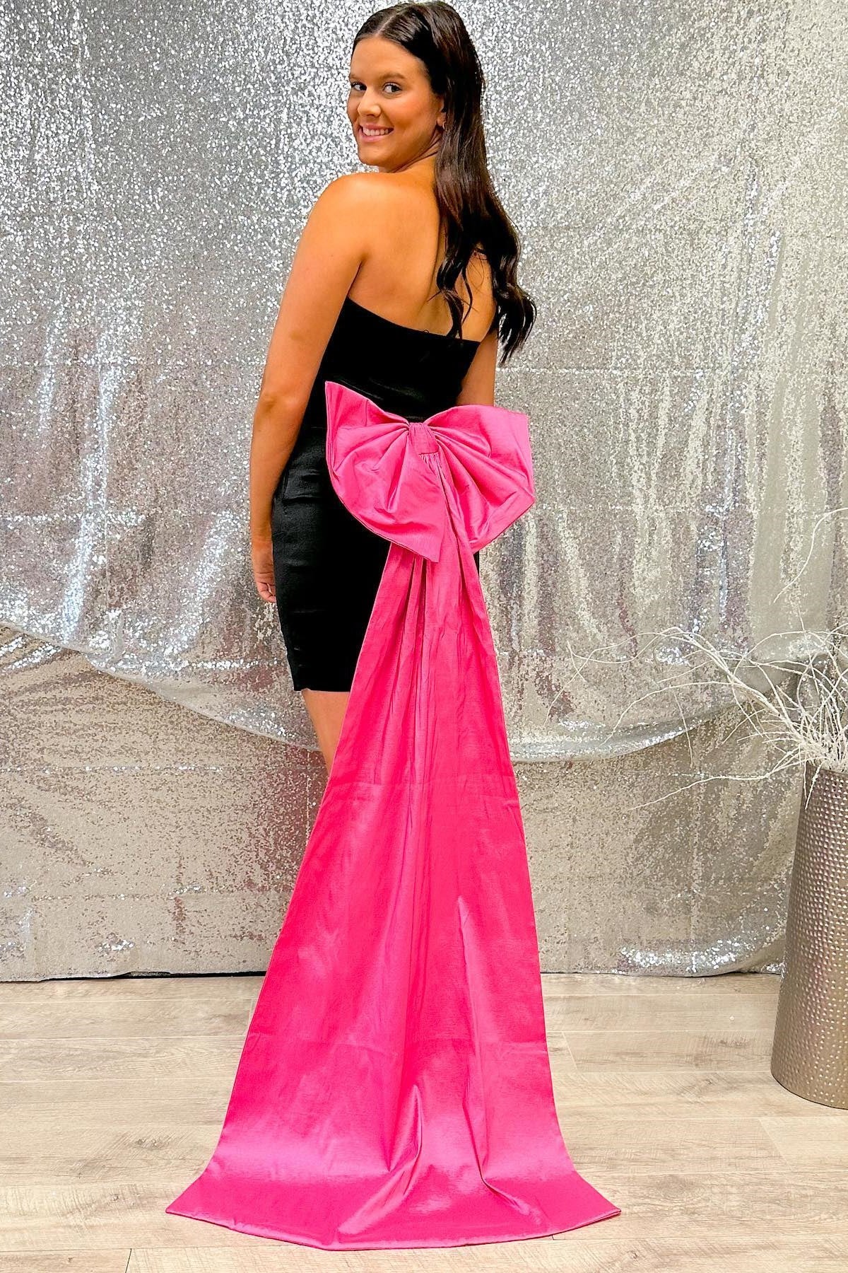black hoco dress with bow in back Black Cutout Homecoming Dress with Crystal Bows and A-Line Skirt H1137 Viniodress