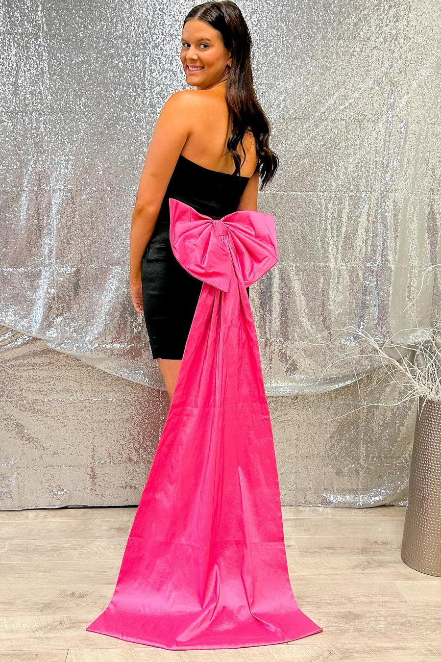 Black Strapless Bow Back Homecoming Dress with Attached Train Modsele Black Strapless Bow Back Homecoming Dress with Attached Train Modsele