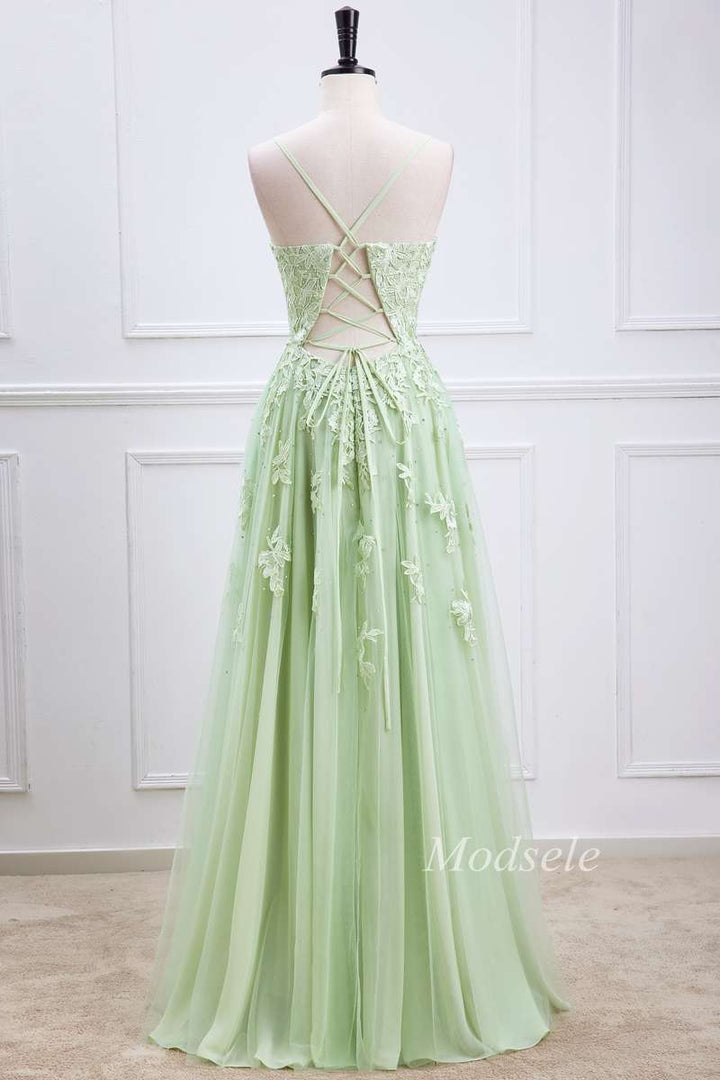 Sage Tulle Appliques Plunge V Lace-Up Long Prom Dress