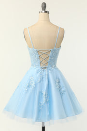 Light Blue Floral Lace A-Line Short Party Dress with Spaghetti Straps