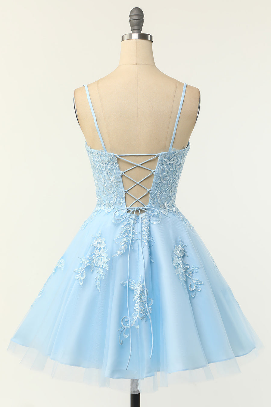 Light Blue Floral Lace A-Line Short Party Dress with Spaghetti Straps Modsele Light Blue Floral Lace A-Line Short Party Dress with Spaghetti Straps Modsele