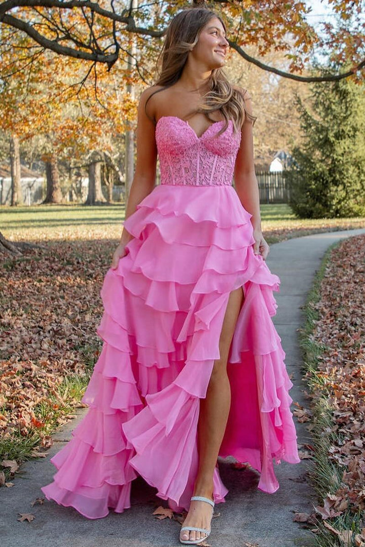 Royal Blue Chiffon Sweetheart Ruffle Tiered Long Prom Dress