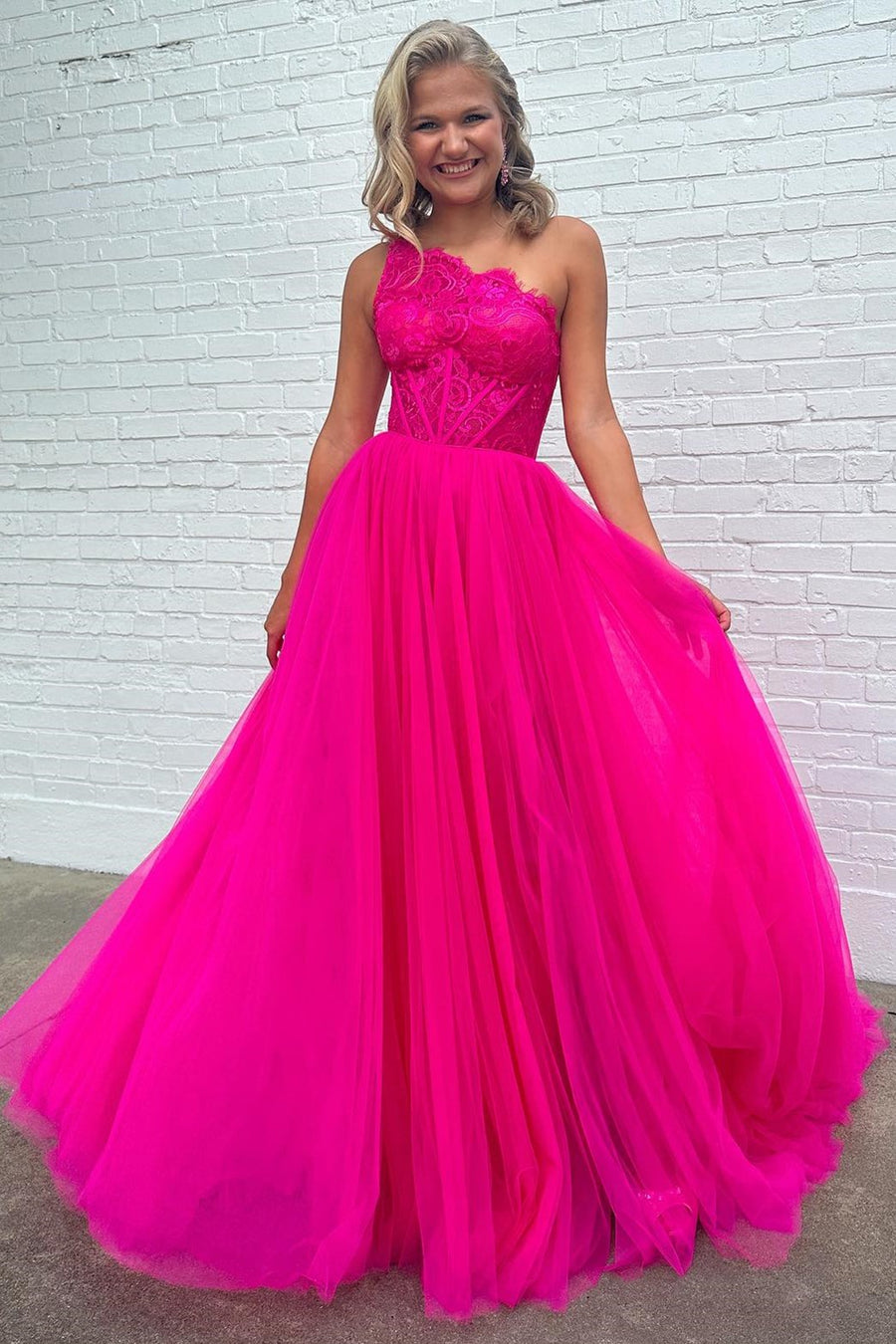 Fuchsia Lace One-Shoulder A-Line Formal Dress with Detachable Sleeves