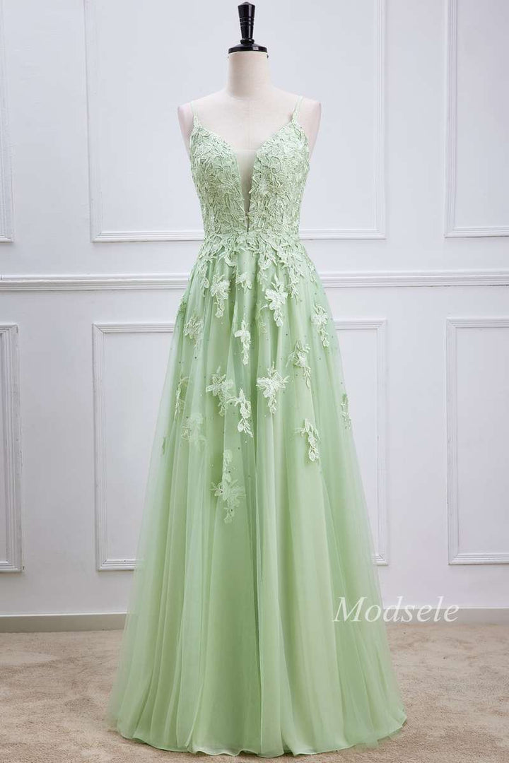 Sage Tulle Appliques Plunge V Lace-Up Long Prom Dress