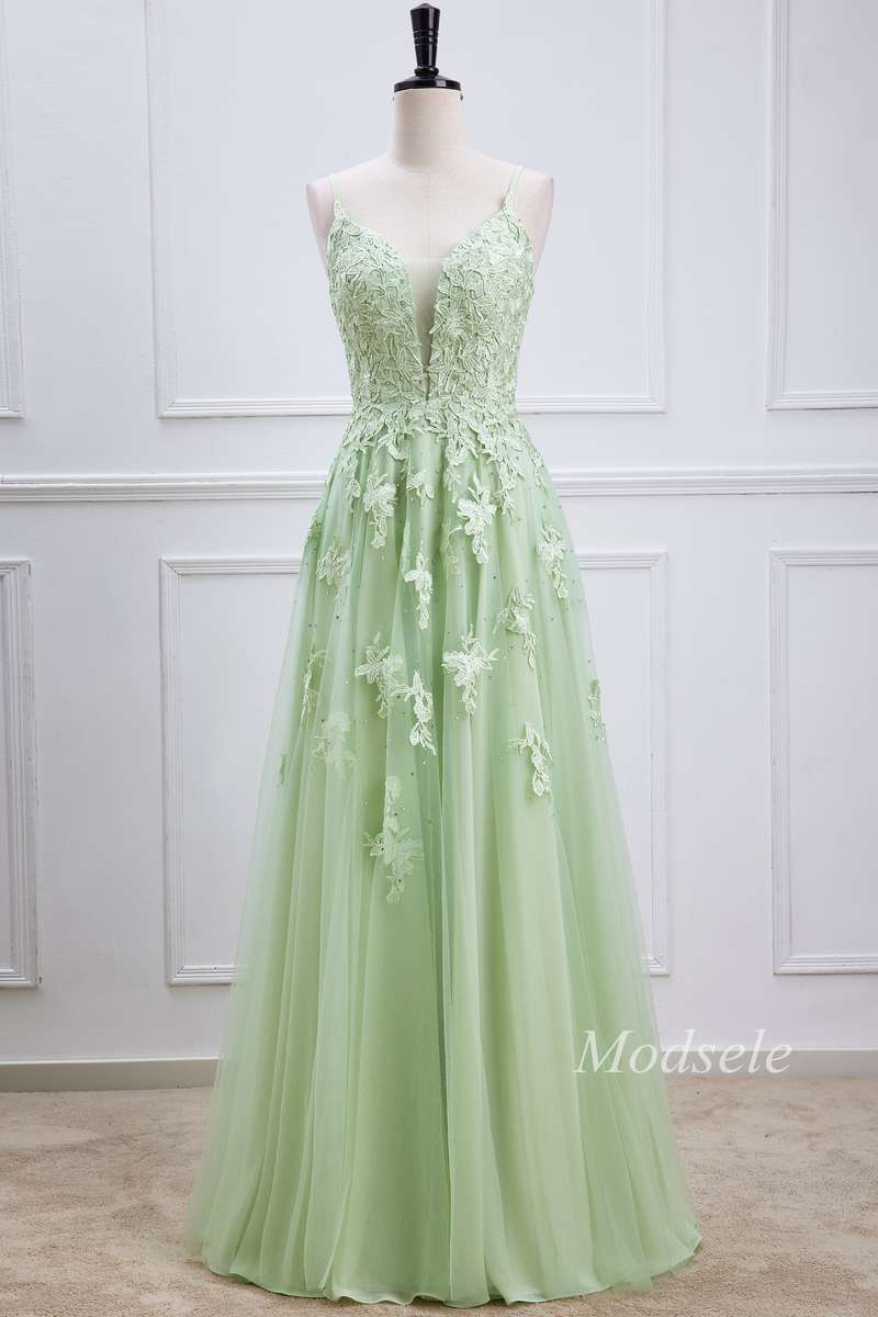 Sage Tulle Appliques Plunge V Lace-Up Long Prom Dress – Modsele