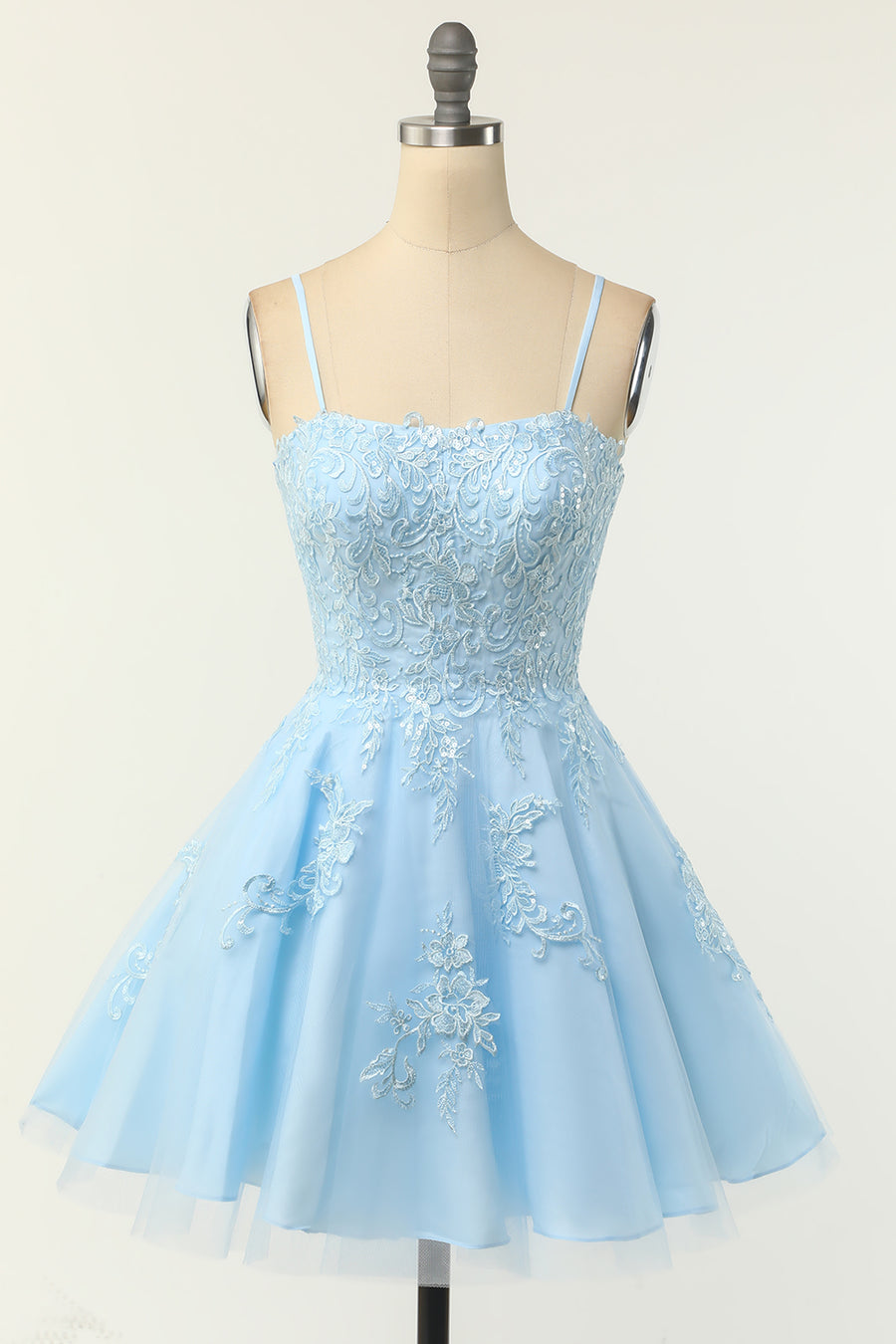 Light Blue Floral Lace A-Line Short Party Dress with Spaghetti Straps