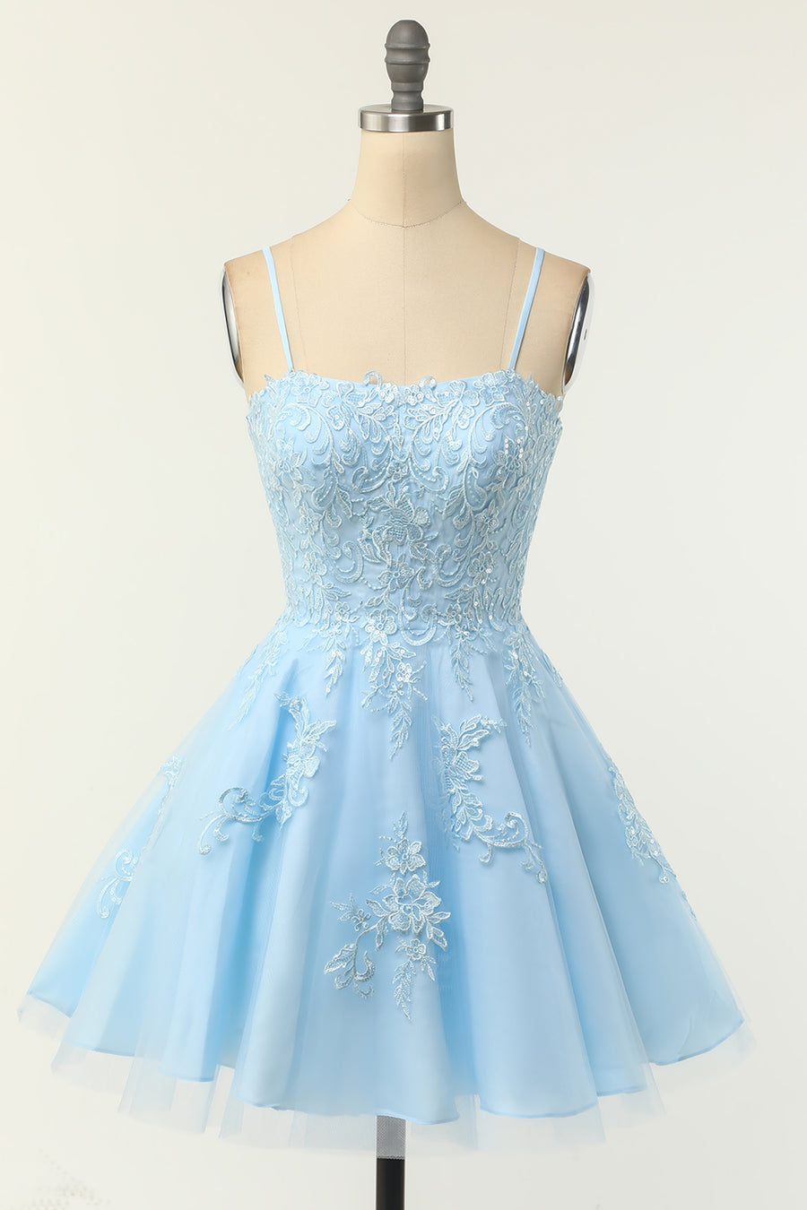 Light Blue Floral Lace A-Line Short Party Dress with Spaghetti Straps Modsele Light Blue Floral Lace A-Line Short Party Dress with Spaghetti Straps Modsele