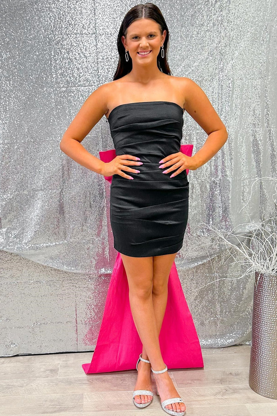 Black Strapless Bow Back Homecoming Dress with Attached Train