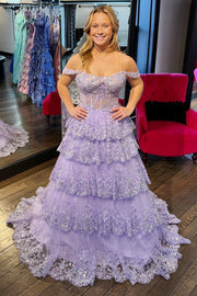 Tulle Sequin Cold-Shoulder Ruffle Tiered Long Prom Dress