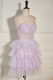 Lilac Tulle Strapless Tiered Short Homecoming Dress with Ruffles