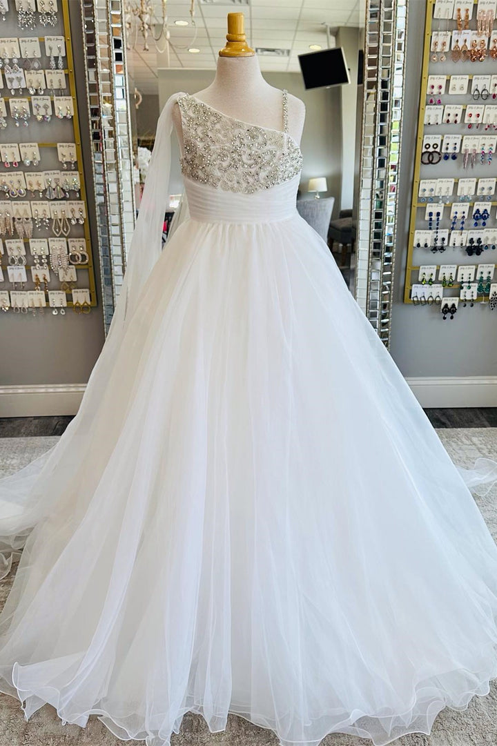 Asymmetrical White Beaded A-Line Long Girl Pageant Dress