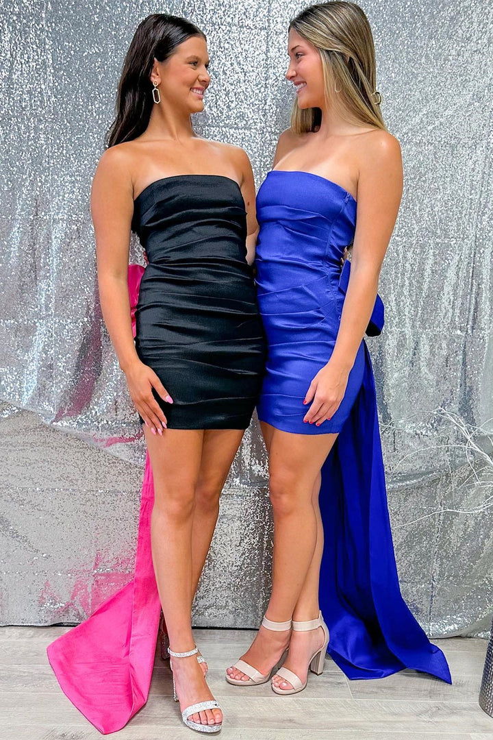 Black Strapless Bow Back Homecoming Dress with Attached Train