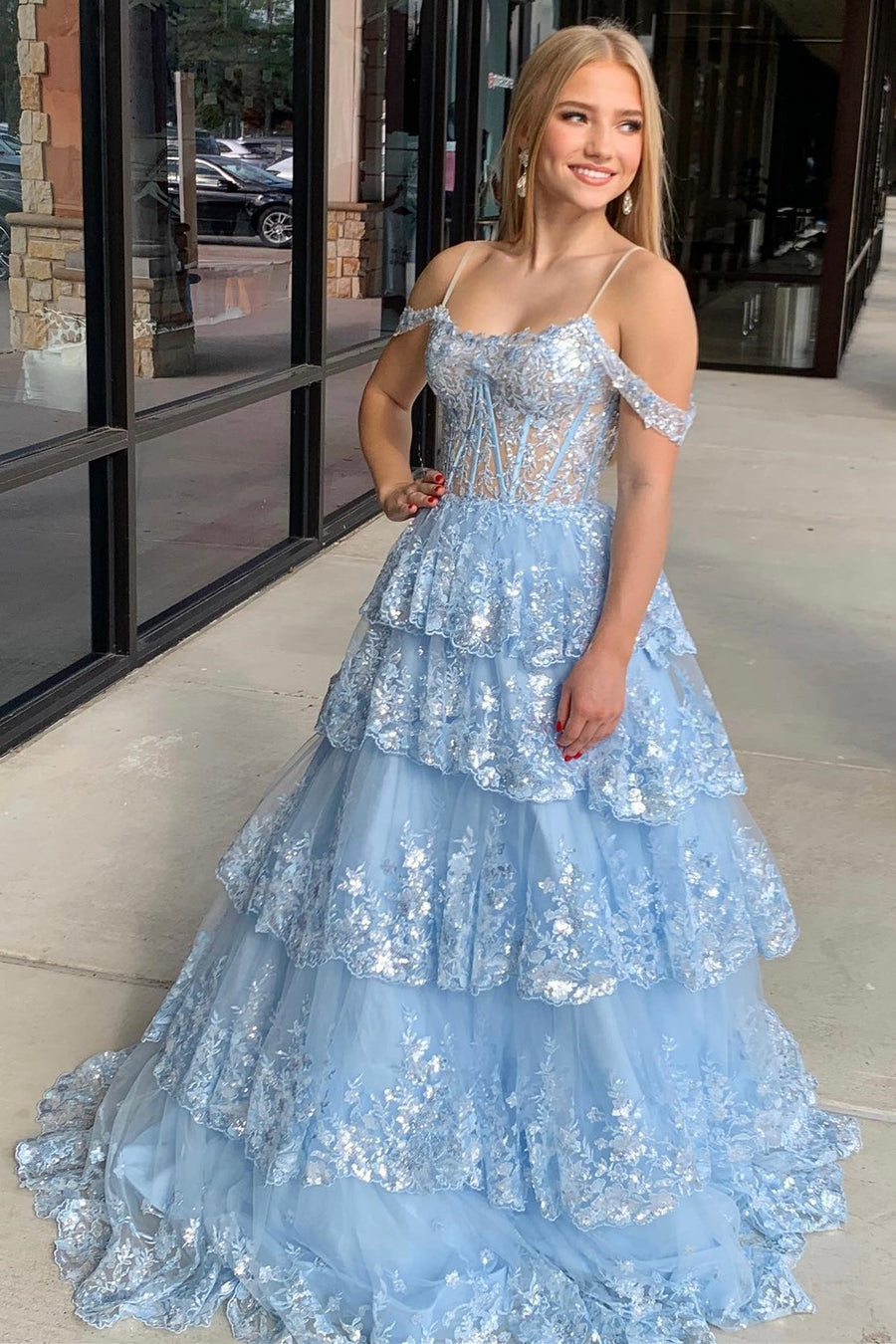 ruffle shoulder prom dress Amarra A-Line Long Ruffled Prom Ball Gown 88790 Blush Pink / 000