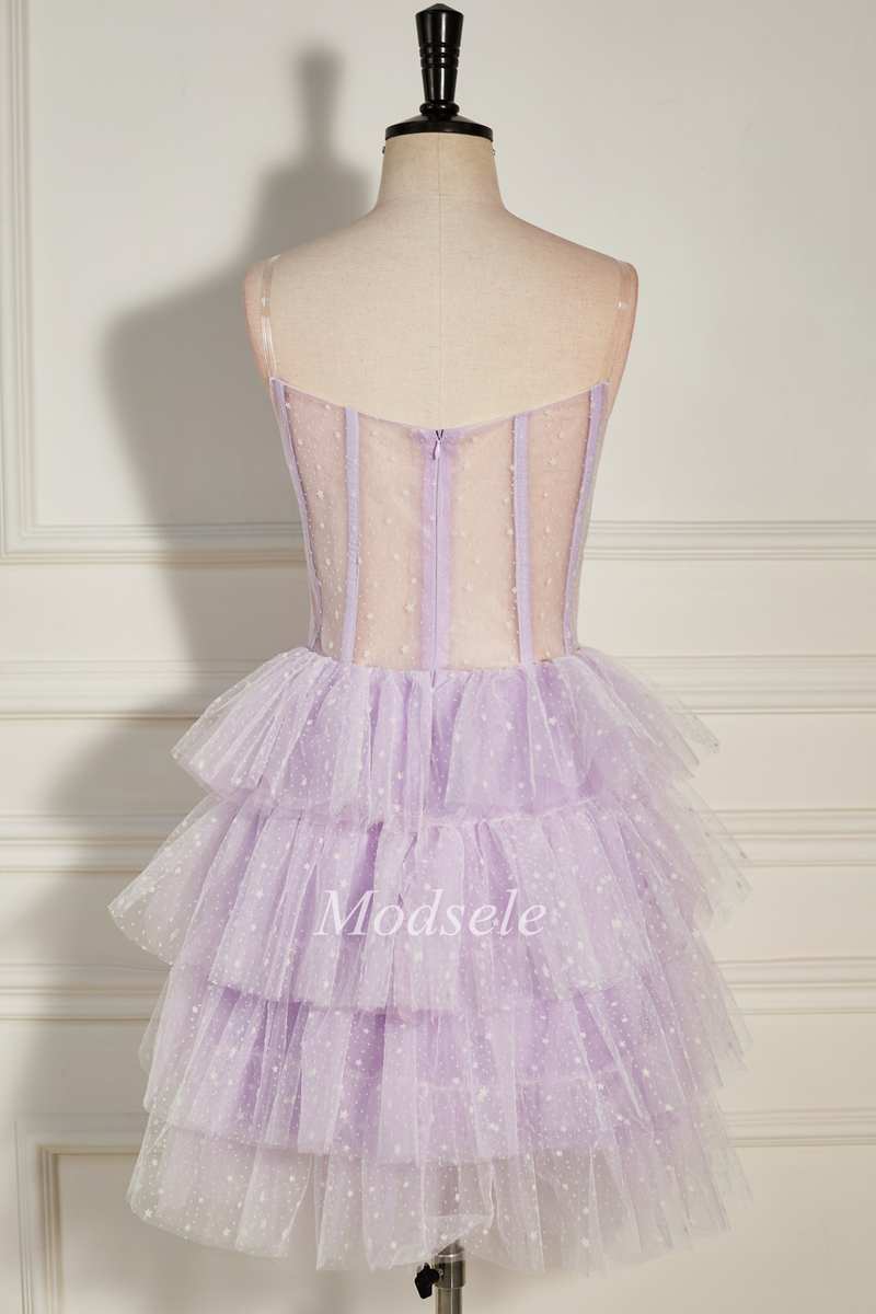 Lilac Tulle Strapless Tiered Short Homecoming Dress with Ruffles Modsele Lilac Tulle Strapless Tiered Short Homecoming Dress with Ruffles Modsele