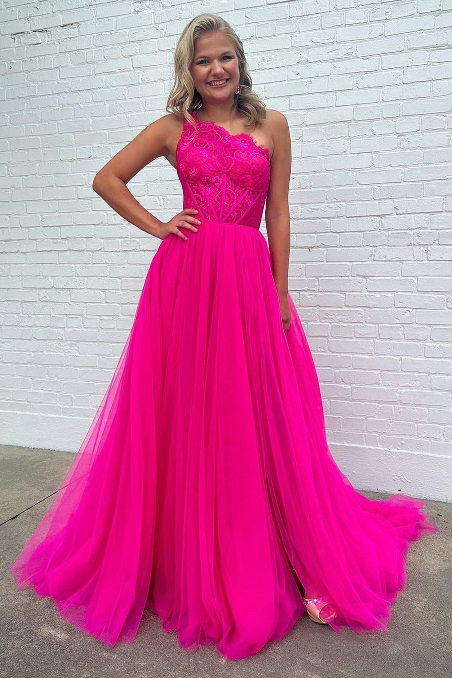 Fuchsia Lace One-Shoulder A-Line Formal Dress with Detachable Sleeves Modsele Fuchsia Lace One-Shoulder A-Line Formal Dress with Detachable Sleeves Modsele