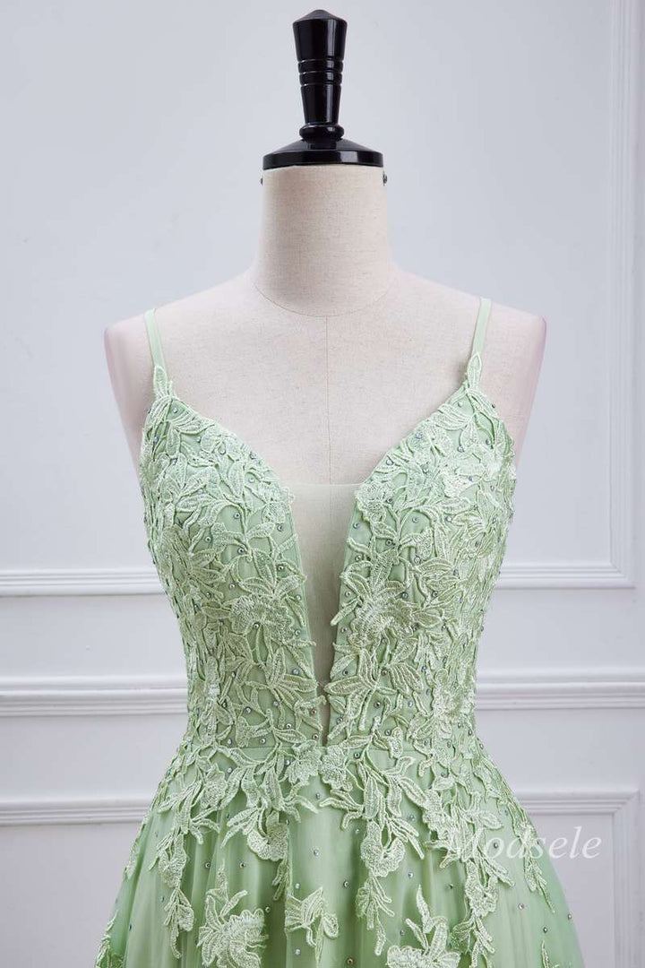 Sage Tulle Appliques Plunge V Lace-Up Long Prom Dress