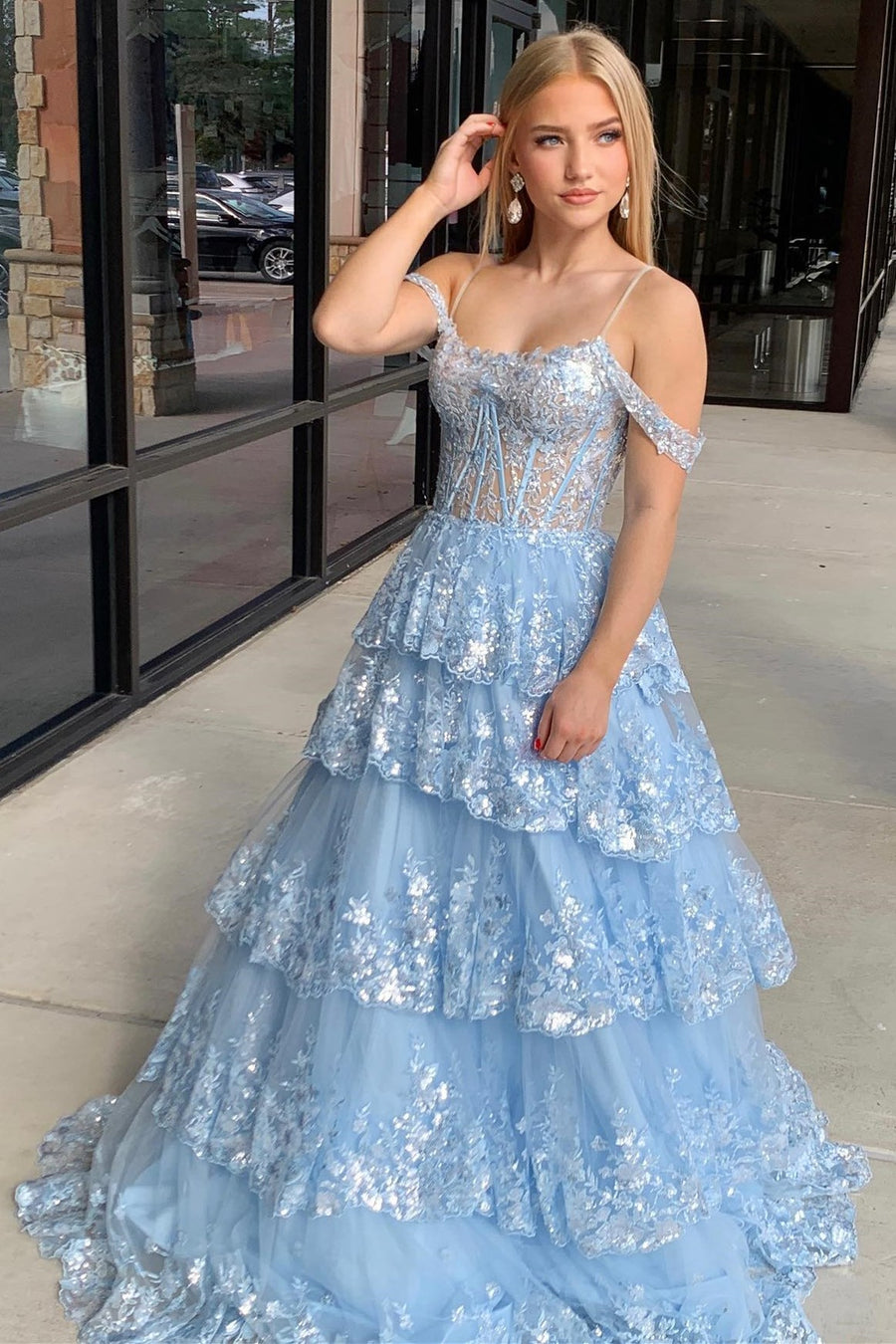 Tulle Sequin Cold-Shoulder Ruffle Tiered Long Prom Dress Modsele Tulle Sequin Cold-Shoulder Ruffle Tiered Long Prom Dress Modsele