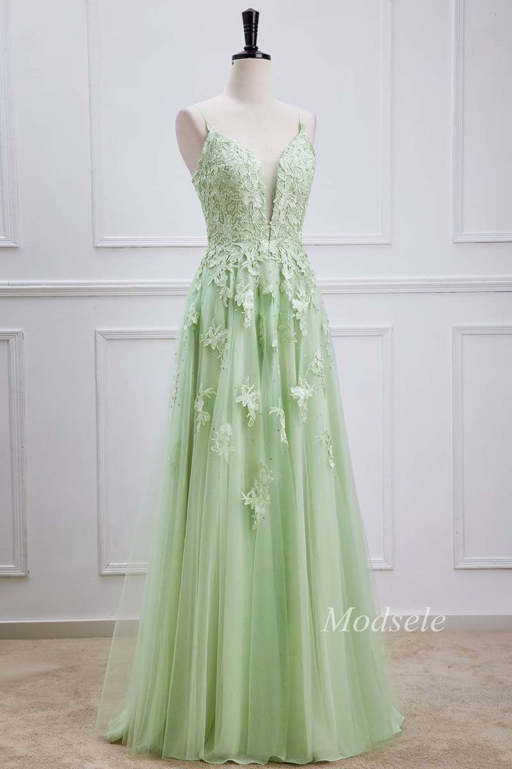 Sage Tulle Appliques Plunge V Lace-Up Long Prom Dress