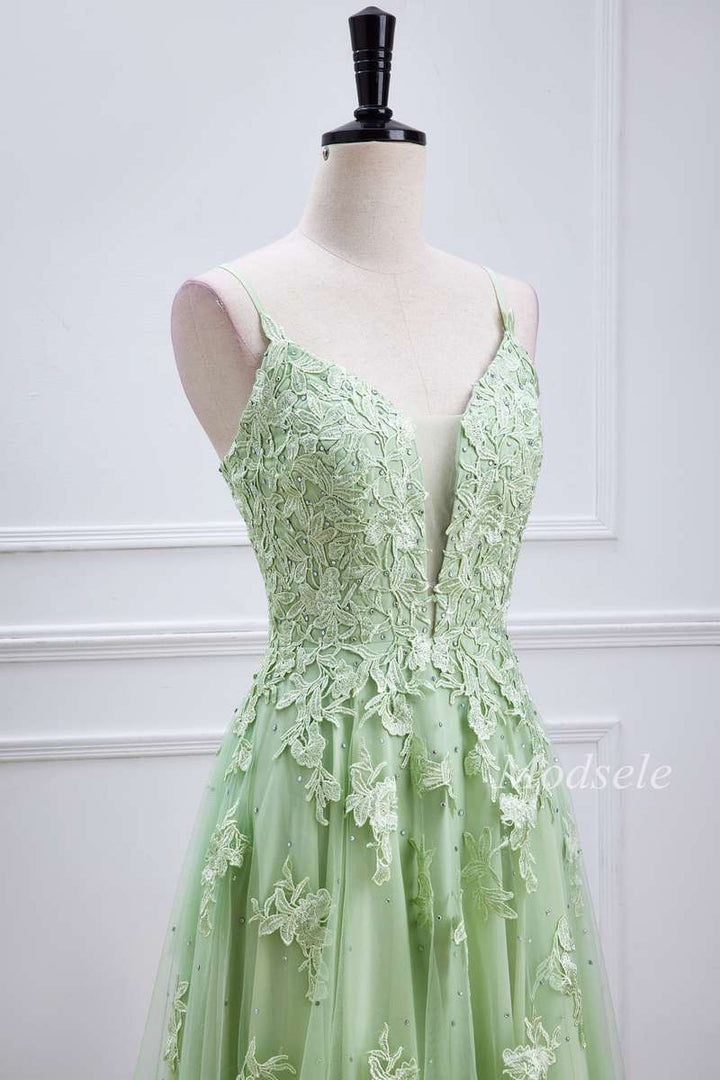 Sage Tulle Appliques Plunge V Lace-Up Long Prom Dress