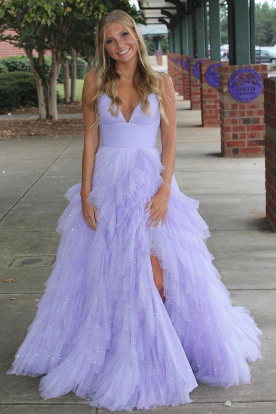 Pink Tulle High-Waist Tiered Long Prom Dress with Ruffles