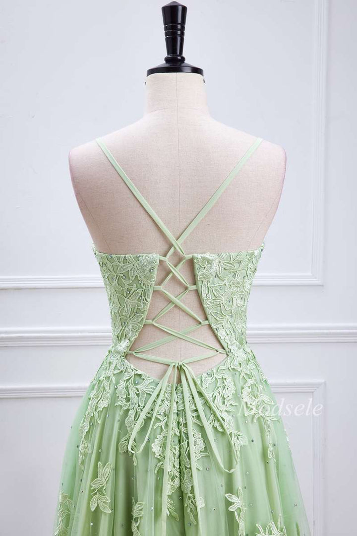Sage Tulle Appliques Plunge V Lace-Up Long Prom Dress