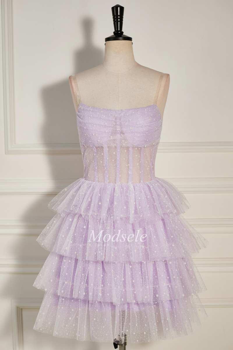 Lilac Tulle Strapless Tiered Short Homecoming Dress with Ruffles