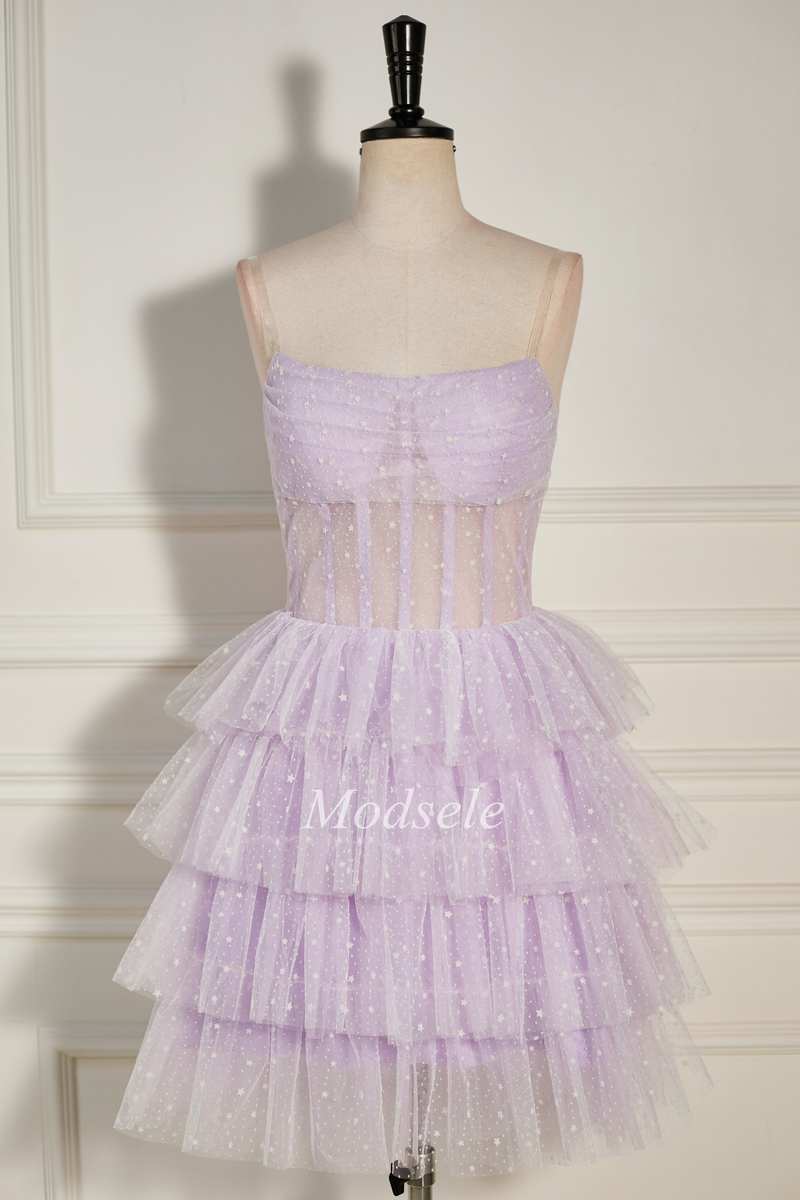 Lilac Tulle Strapless Tiered Short Homecoming Dress with Ruffles – Modsele