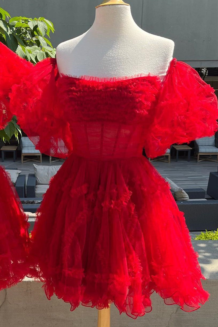 Magenta Strapless Ruffles A-Line Short Party Dress with Puff Sleeves