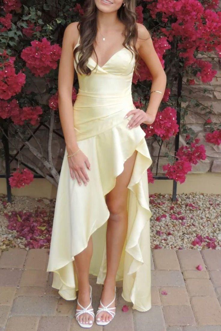 Yellow Spaghetti Straps Ruffles Satin A-Line V-Neck Prom Party Dress with Slit