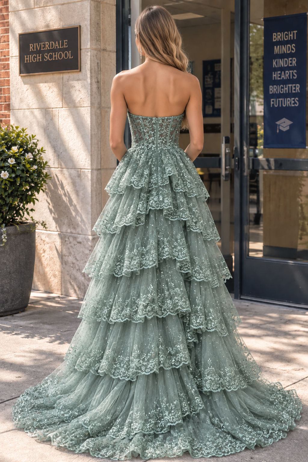 Red Strapless A-Line Sequins Appliques Ruffles Prom Dress Long with Slit