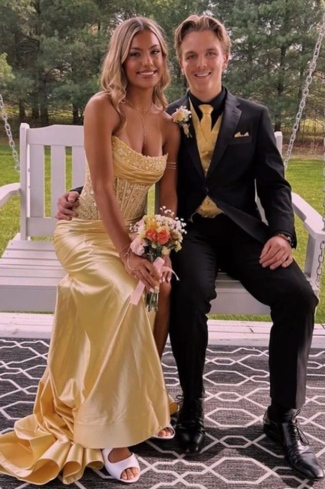 Pink Strapless Scoop Layered Pleated Mermaid Prom Dress with Slit