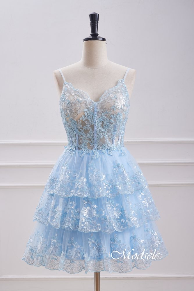 V-Neck Light Blue Sequin Ruffle Homecoming Dress