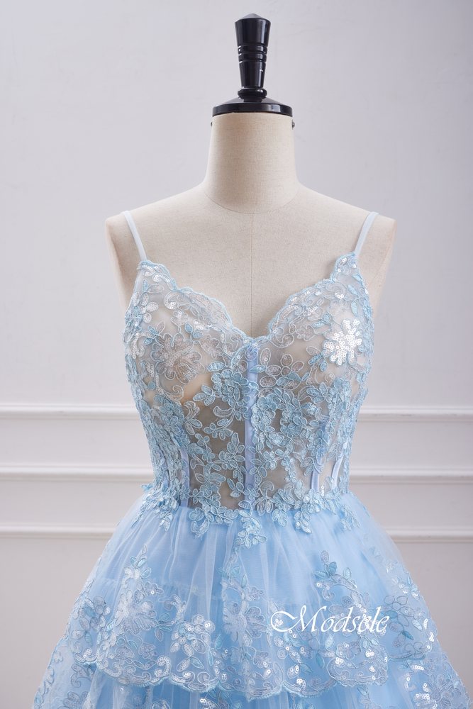 V-Neck Light Blue Sequin Ruffle Homecoming Dress