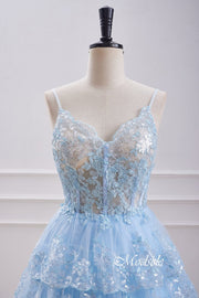 V-Neck Light Blue Sequin Ruffle Homecoming Dress