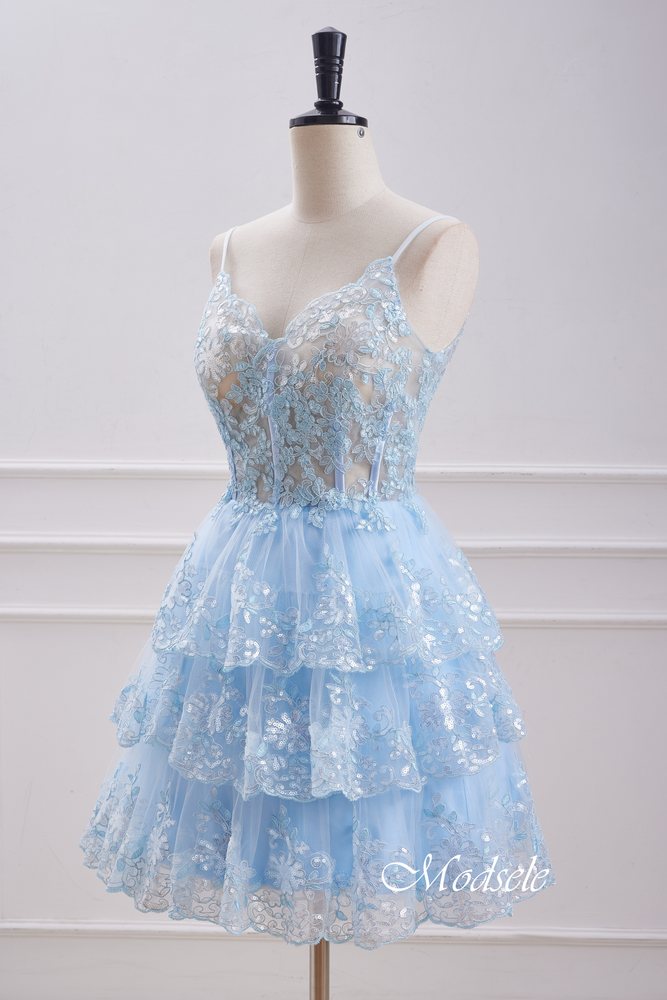 V-Neck Light Blue Sequin Ruffle Homecoming Dress Modsele V-Neck Light Blue Sequin Ruffle Homecoming Dress Modsele