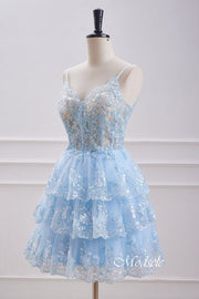 V-Neck Light Blue Sequin Ruffle Homecoming Dress