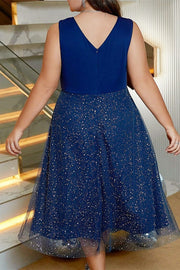 Plus Size V-Neck Glitter Tulle Party Dress