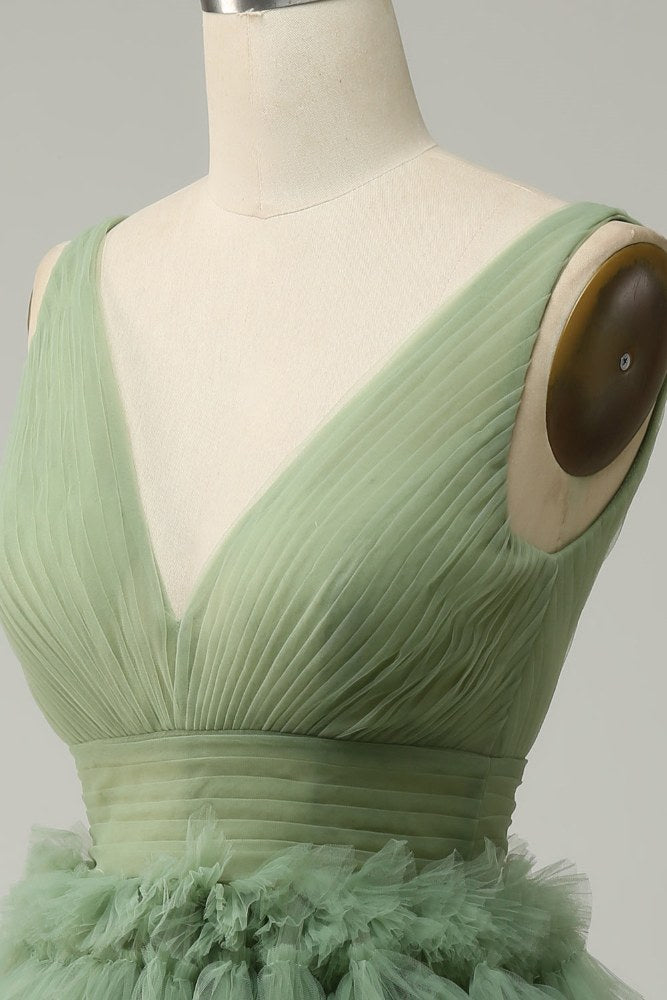 V-neck Sage Green  Muiti-Layer A-line Short Homecoming Dress