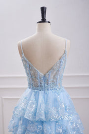 V-Neck Light Blue Sequin Ruffle Homecoming Dress