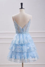 V-Neck Light Blue Sequin Ruffle Homecoming Dress