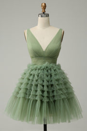V-neck Sage Green  Muiti-Layer A-line Short Homecoming Dress