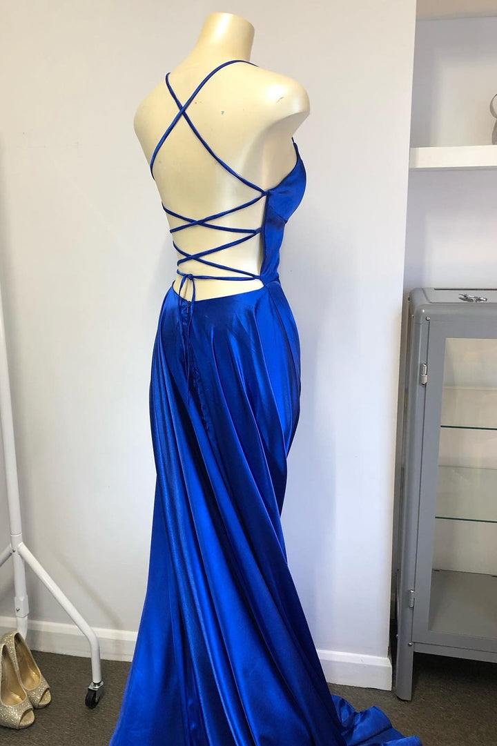 Royal Blue Lace-Up Satin A-line Wedding Guest Dress