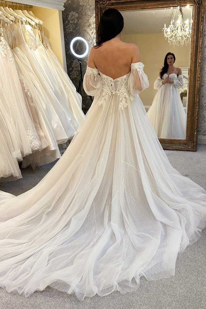 Ivory Tulle A-Line Long Wedding Dress with Balloon Sleeves