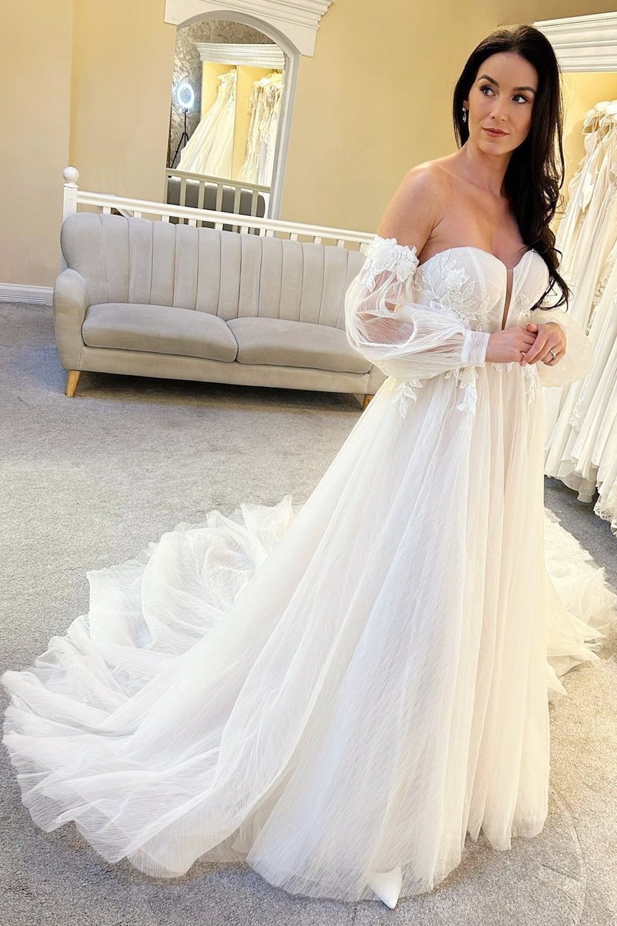 Ivory Tulle A-Line Long Wedding Dress with Balloon Sleeves Modsele Ivory Tulle A-Line Long Wedding Dress with Balloon Sleeves Modsele
