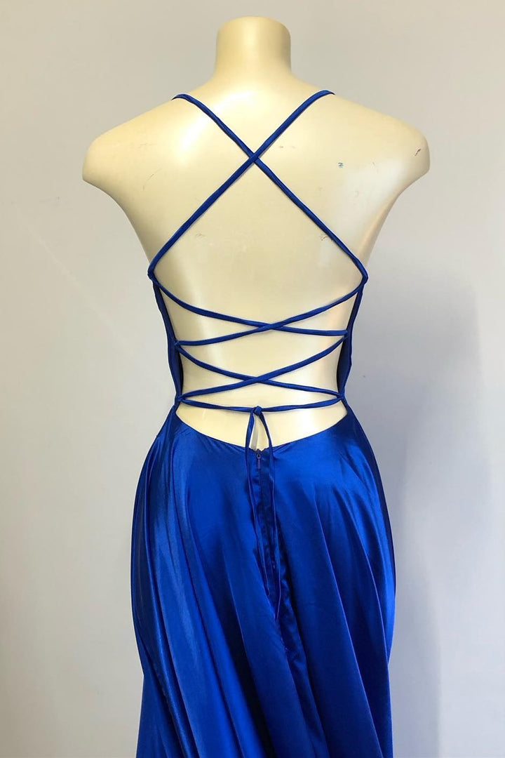 Royal Blue Lace-Up Satin A-line Wedding Guest Dress