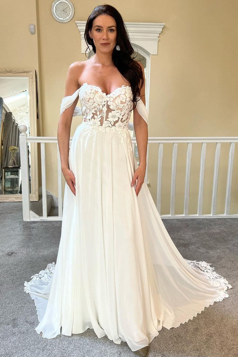 Ivory Chiffon Off-the-Shoulder Floral Lace A-Line Wedding Dress