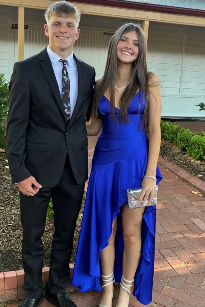 Yellow Spaghetti Straps Ruffles Satin A-Line V-Neck Prom Party Dress with Slit