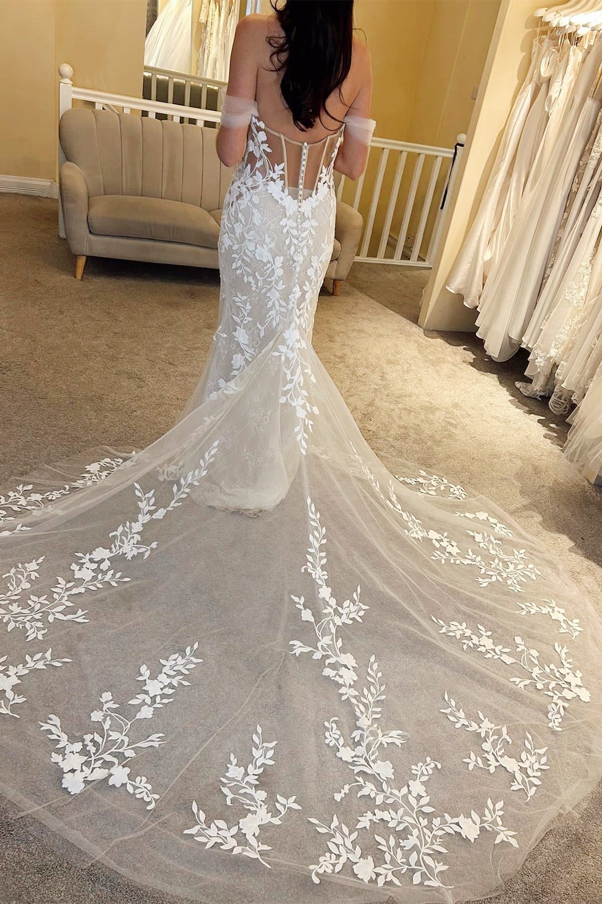 Ivory Floral Lace Off-the-Shoulder Mermaid Long Wedding Dress