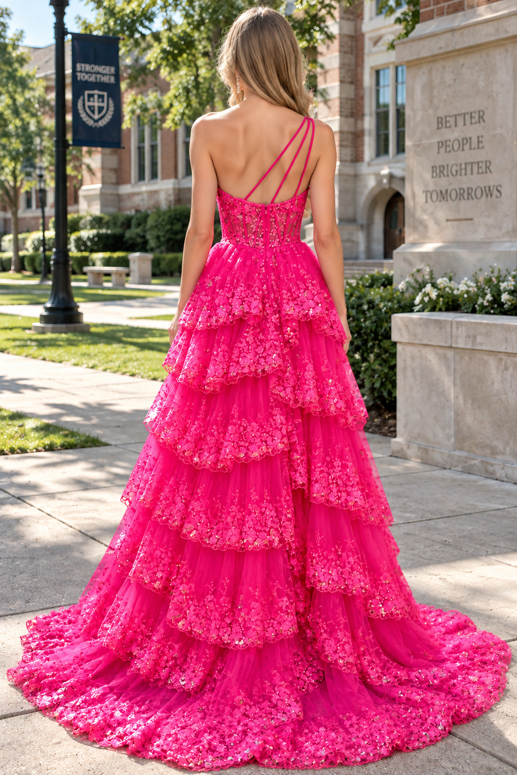Gold Tulle Sequin One-Shoulder Ruffle Long Prom Dress with Slit